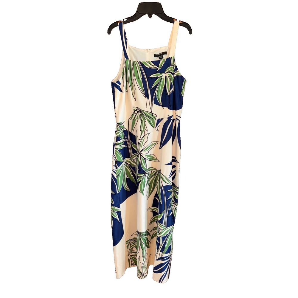 Tropical Leaf Print midi dress Sz 8 Sleeveless Resort chic Vacation island style